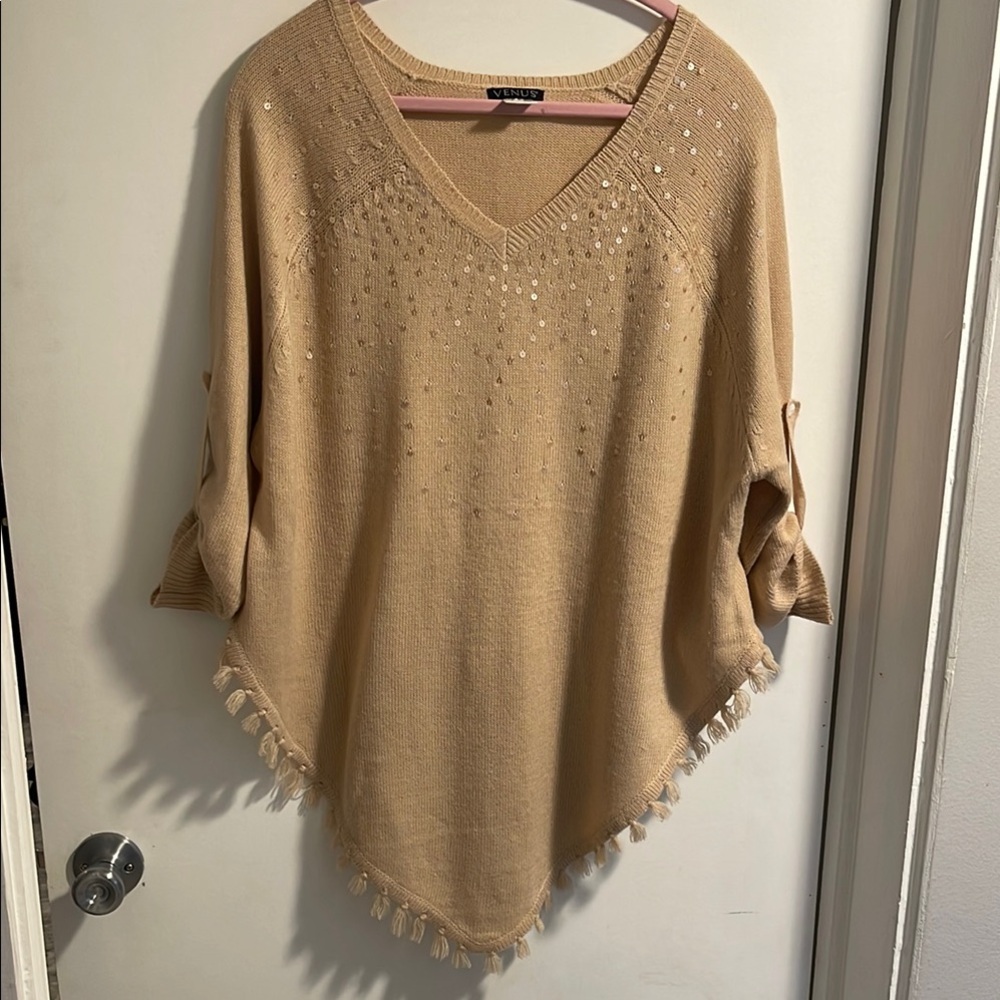 VENUS Elegant Tan Pancho Sweater Fringe adorned with sequins One Size Fits All
